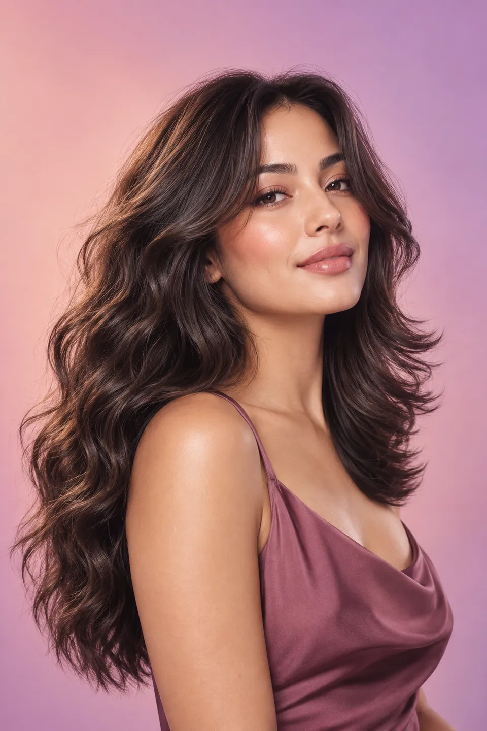 Synthetic demonstration portrait with long dark waves before hairstyle changes